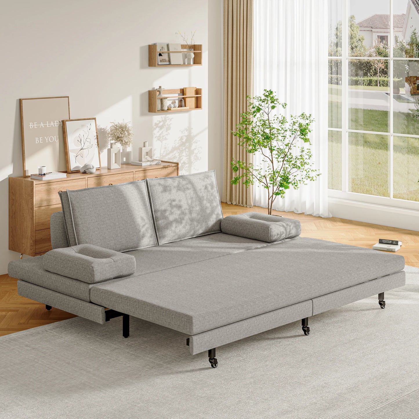 2-Zits Slaapbank – Slaapsofa – Bedbank – Sleeperbank – Bankbed – Grijs Linnen – Uittrekbaar 180x200 cm – Met Houten Lattenbodem & Wieltjes