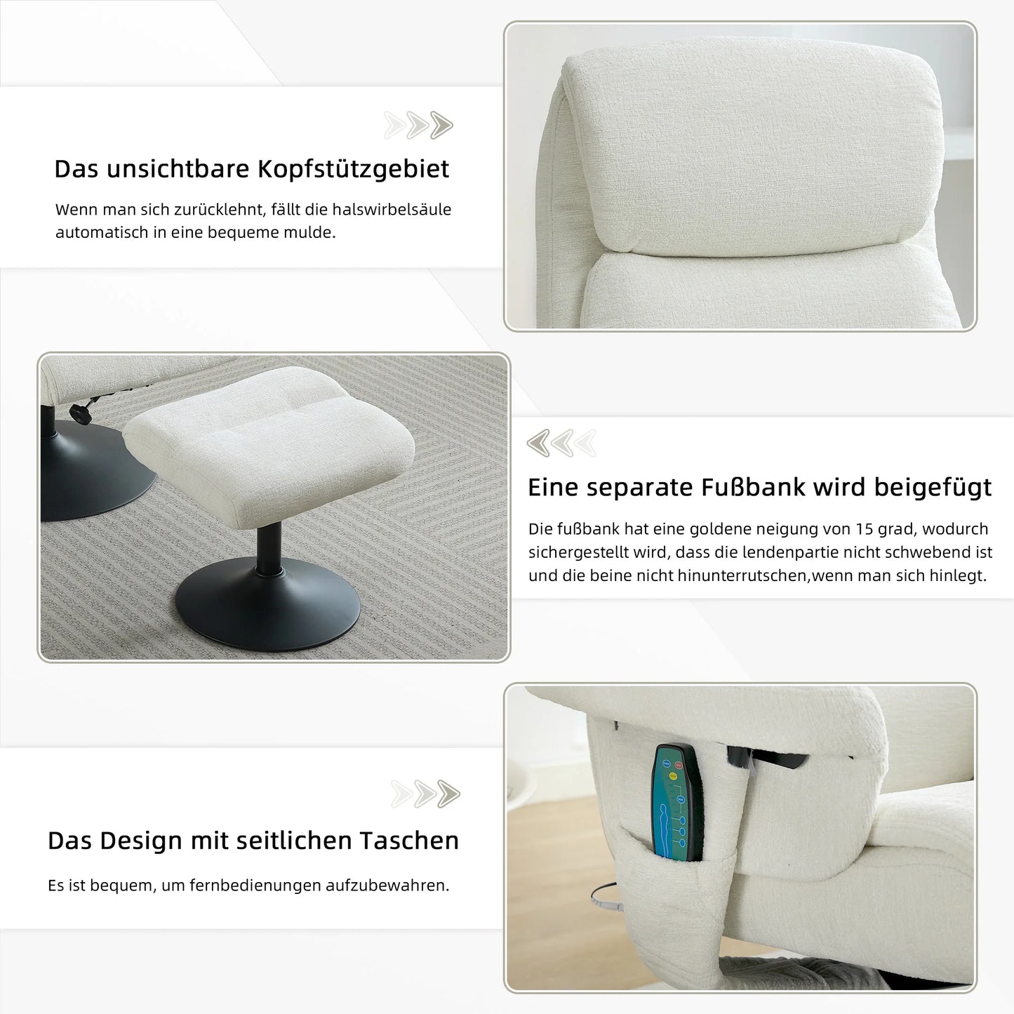Massagestoel – Relaxfauteuil – TV-stoel – Massagefauteuil – Massagekussen – 5-Punts Massage – Elektrische Verwarming – 360° Draaibaar – Chenille Stof – Verstelbare Rugleuning 140° – Inclusief Voetenbank