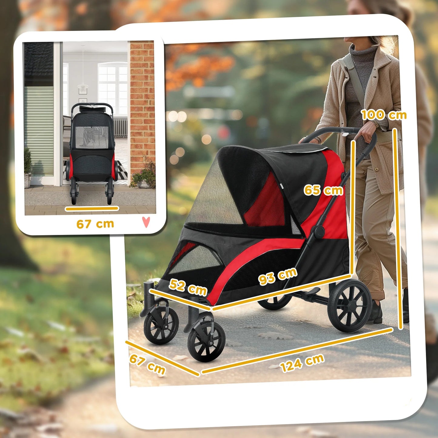 Hondenbuggy – Hondenwagen – Huisdierenwagen – Pet Stroller – Opvouwbare Wandelwagen – Geschikt Tot 30 kg – Stevig Stalen Frame - Zwart-Rood