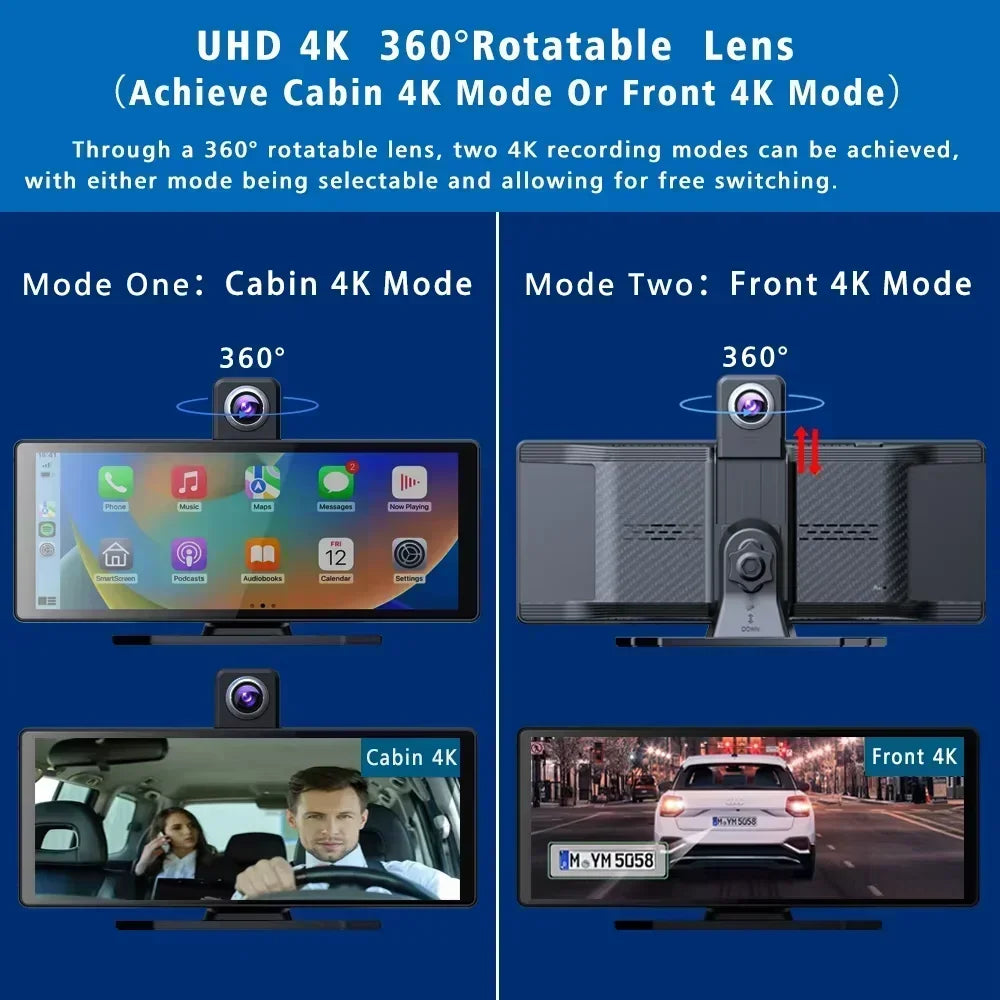 Dashcam voor Auto - 10.26” 4K Dashcam – CarPlay & Android Auto – 350° Rotatie – 6M AHD Achtercamera – Nachtzicht & Rijassistentie - Zwart