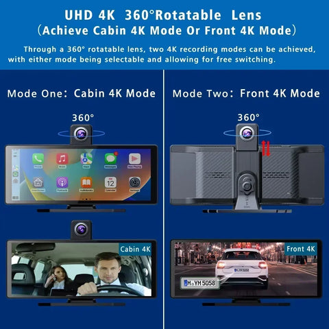 Dashcam voor Auto - 10.26” 4K Dashcam – CarPlay & Android Auto – 350° Rotatie – 6M AHD Achtercamera – Nachtzicht & Rijassistentie - Zwart