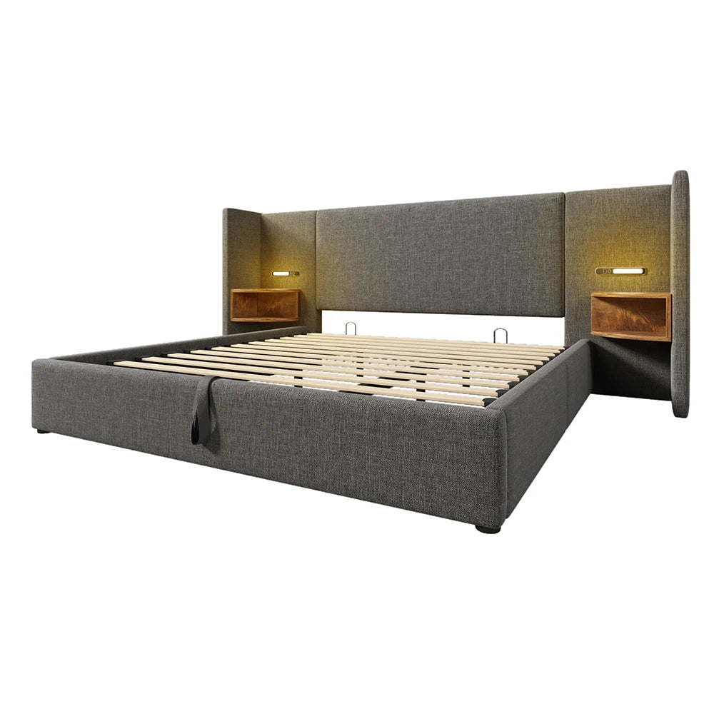 Led Bed – Tweepersoonsbed – Gestoffeerd Bed – Opbergbed – Slaapbank – 180x200 cm – Linnen Materiaal – USB & 16-Kleuren LED Verlichting - QUORE