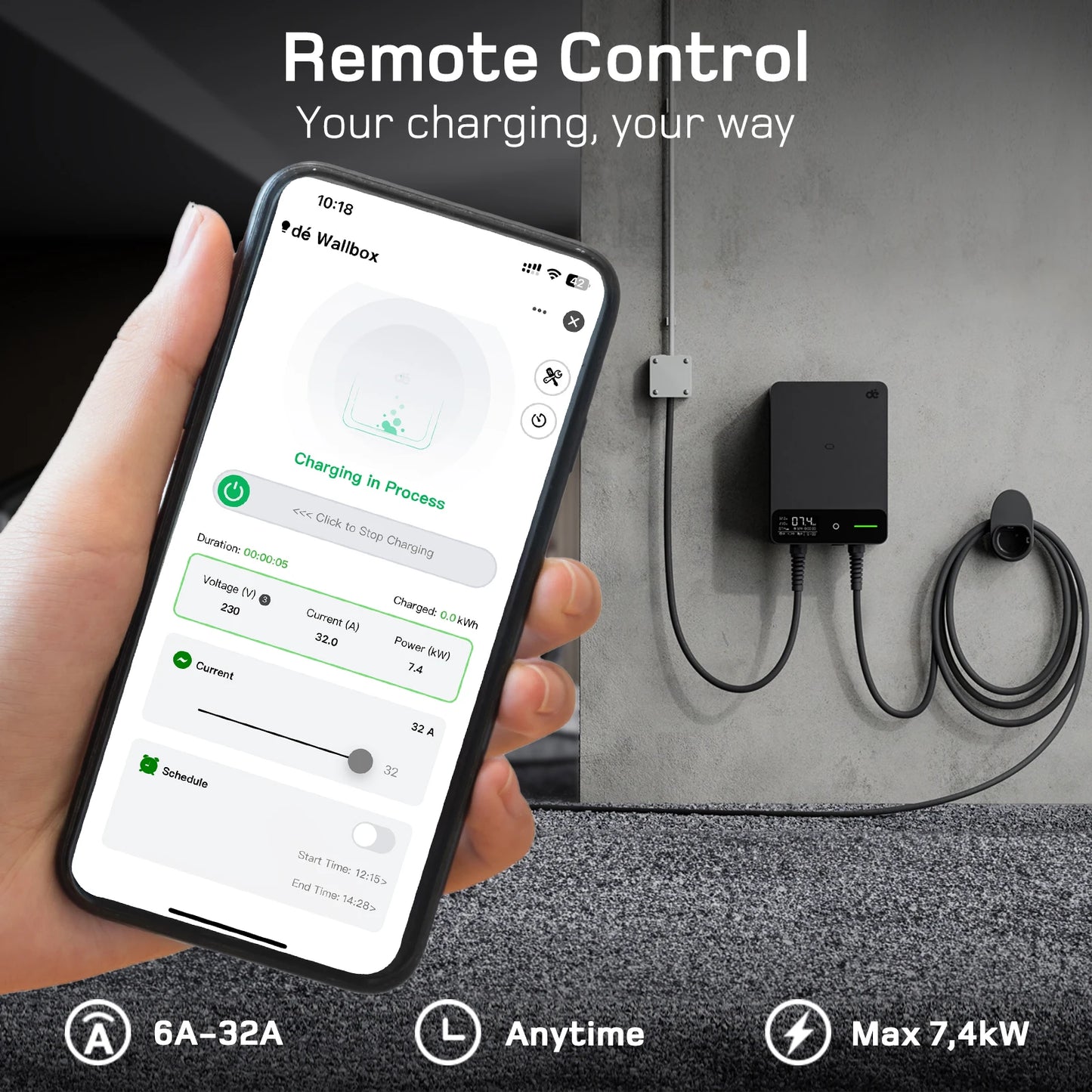 Wallbox 7,4 kW – EV-lader – Oplaadstation – Laadpaal – Elektrische Auto Oplader – 10m Type 2-kabel – Slimme App Bediening – Ingebouwde RCD Type B Veiligheid - QUORE
