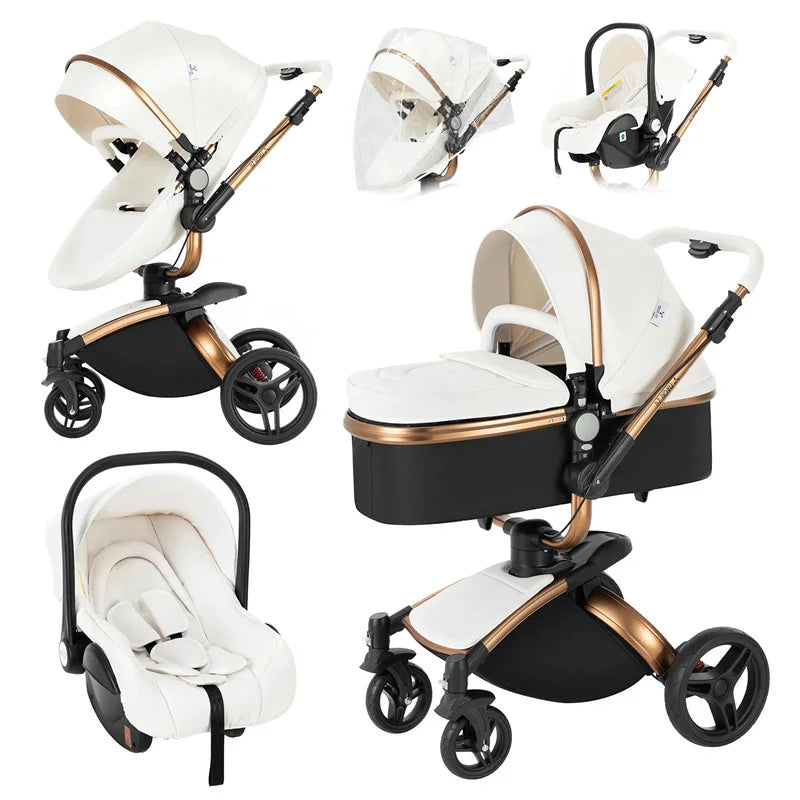Kinderwagen - 3-in-1 Baby Stroller - Wandelwagen - Buggy - Opvouwbaar & Compact – Multifunctioneel – Inclusief Autostoel - PU Leren Bekleding - Wit