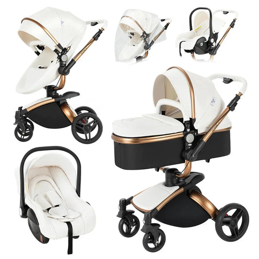 Kinderwagen - 3-in-1 Baby Stroller - Wandelwagen - Buggy - Opvouwbaar & Compact – Multifunctioneel – Inclusief Autostoel - PU Leren Bekleding - Wit