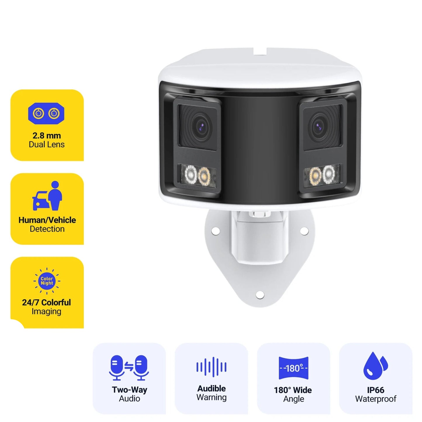 Beveiligingscamerasysteem - 180° - 8MP- Openlucht- Bewakingscamera - Beveiligingscamera - Waterdichte - POE technologie - met Dual Lens, IR Nachtzicht en Tweeweg Audio – Buitencamera voor Netwerktoezicht - Wit