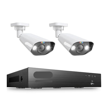 Beveiligingscamerasysteem - CCTV Camerasysteem - 8MP - 8-Kanaals 4K Ultra HD - Openlucht- IP66 Waterdichte - Bewakingscamera - Beveiligingscamera - PoE NVR Kit met Spotlight en Sirene - met IP-Videobewaking - Zonder HDD - 2 Stuks - Wit
