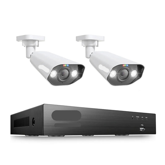 Beveiligingscamerasysteem - CCTV Camerasysteem - 8MP - 8-Kanaals 4K Ultra HD - Openlucht- IP66 Waterdichte - Bewakingscamera - Beveiligingscamera - PoE NVR Kit met Spotlight en Sirene - met IP-Videobewaking - Zonder HDD - 2 Stuks - Wit