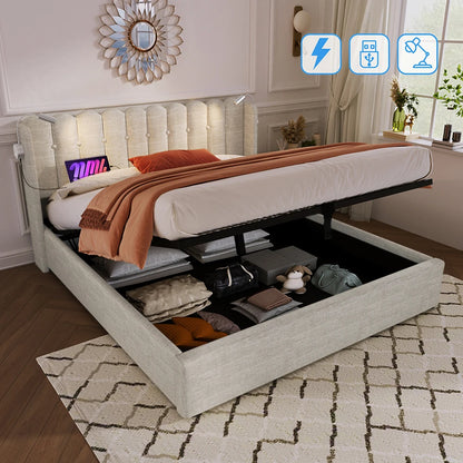 Bed – Slaapbed – Opbergbed – Linnen Bed – Houten Bed – 160x200 cm – Opklapbare Lattenbodem Met Gasveren – Geïntegreerde Leeslamp Met USB-oplaadpoort - QUORE