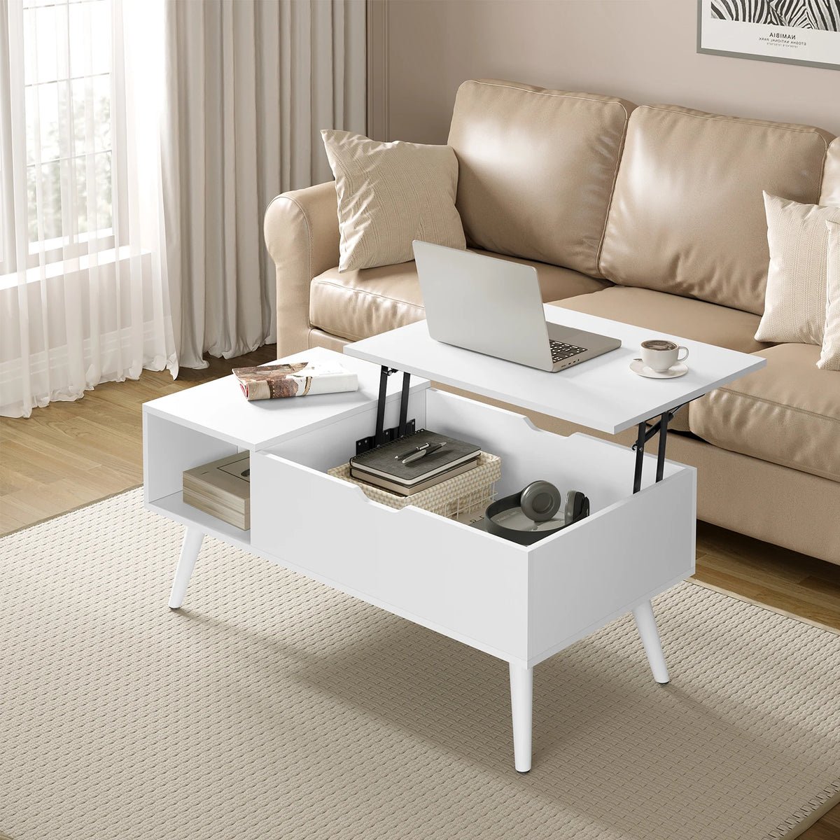 Adjustable Coffee Table - Folding Table with Storage - Modern Coffee Table - Wooden Table with Lifting Board - 100x50x43 cm - White