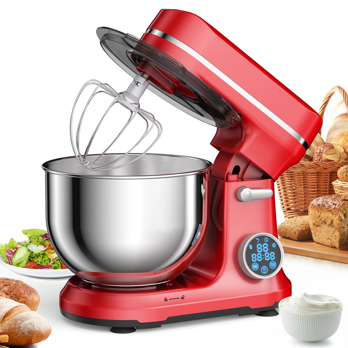 Keukenmachine - Keukenmixer - Mixer - Keukenrobot - 1200W - met 11 Snelheden - Digitale OLED Display en Accessoires - Foorprocessor - Rood - QUORE