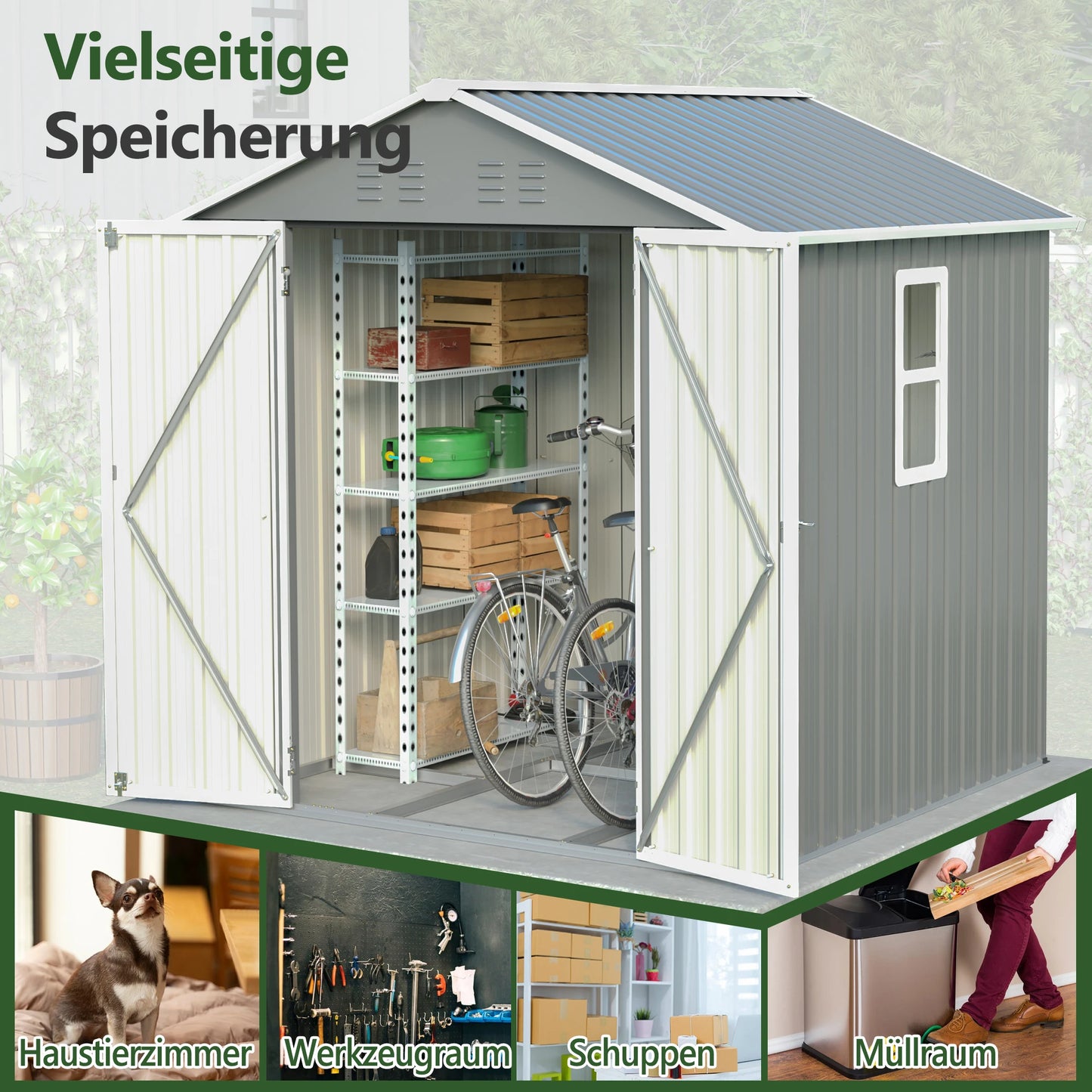 Metalen Tuinschuur – Tuinberging – Tuinhuis – Berging – Tuinkast – Grijs – Dubbel Waterdicht Dak – Ventilatie & Raam – 184,8x182x191,1 cm – Stevige Basis