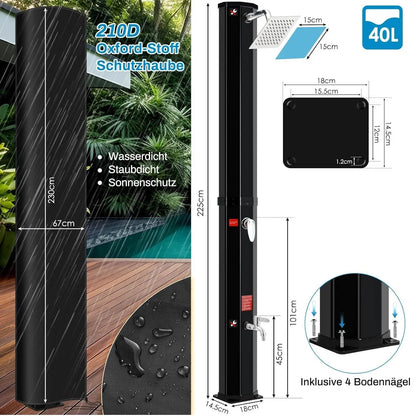 Solar Douche - Douchekraan - Douchepaneel - Camping Douche - Zonnedouche -  40L Solar Shower Kolom – Tuin en Strand Buiten Douche, Koud & Warm Water, Waterproof, Voor Zwembad en Tuin – Zwart - QUORE