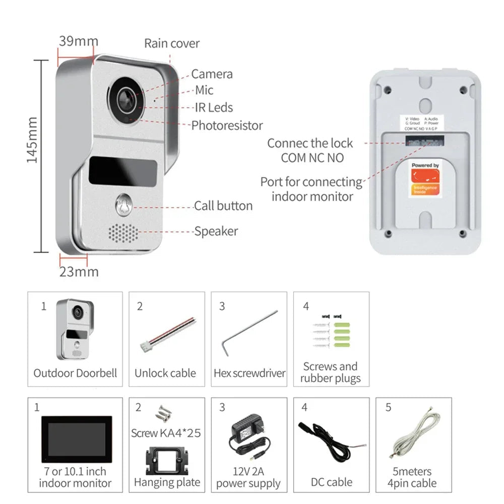 Video Deurbel – Draadloze Deurbel – Video Intercom – Slimme Deurbel – Deurbel Met Camera – 7-Inch Touchscreen – 1080p HD Resolutie