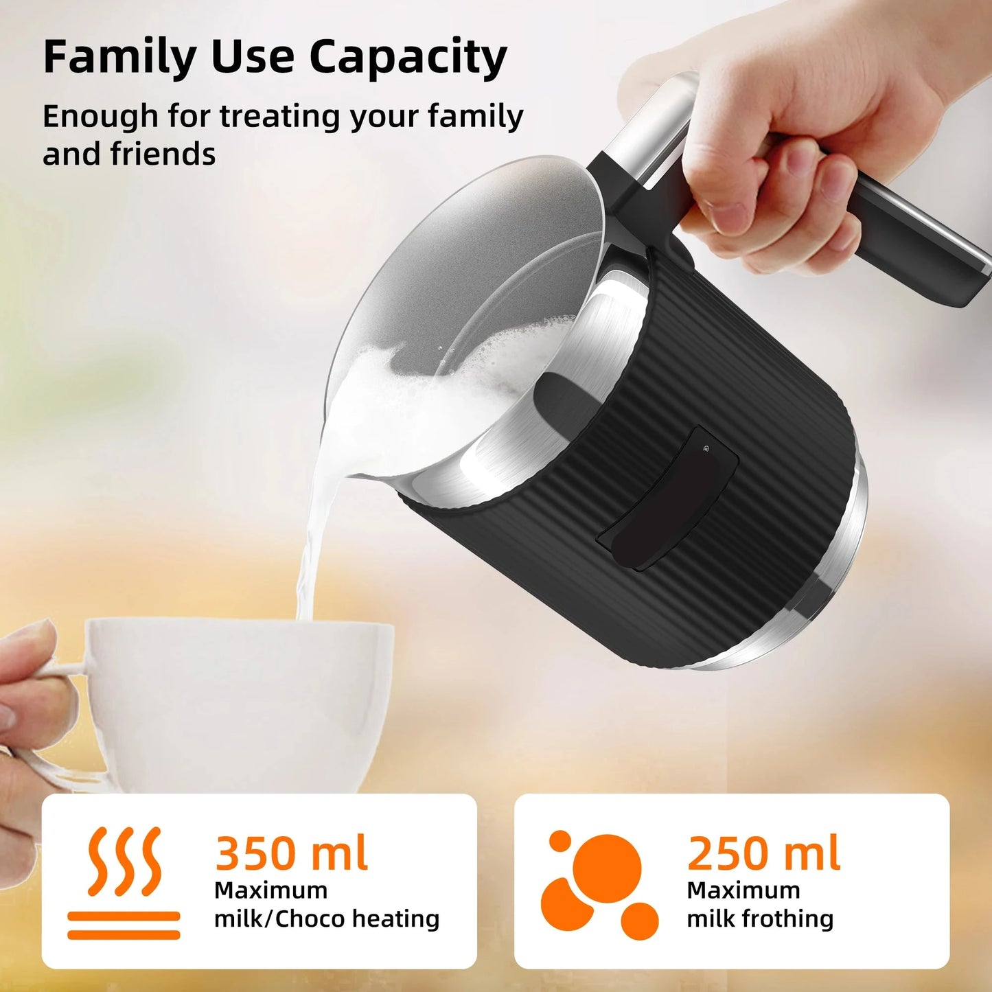 Elektrische Melkopschuimer - Afneembare - Handige Melkschuimer - Melkklopper - 5-in-1 - 350ml - Warm en Koud Opschuimen - Verwarmen - Cappuccino Maken - RVS - Vaatwasserbestendig