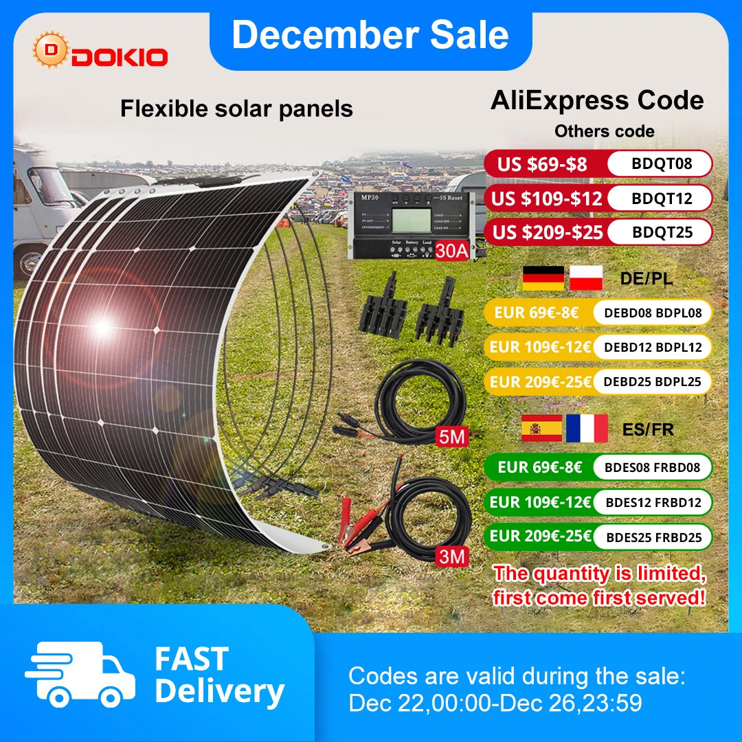 DOKIO 18V 400W Flexible Solar Panel （Sets）For Car/Home/Camping Waterproof Monocrystalline Solar China Charge 12V Battery