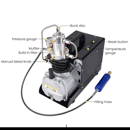 Luchtcompressor - Compressor - Luchtpomp - Airpress Compressor - 4500Psi - 300bar - PCP - Hoge Druk Pneumatische Luchtpomp – Ingebouwde Ventilator  - Geschikt voor Luchtgeweren en Scuba Tanks - Handmatige Versie – 220V