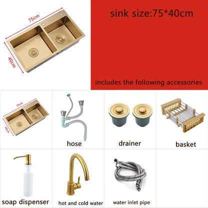 Dubbele Spoelbak – Keukenspoelbak – Opbouw Spoelbak – Gouden Spoelbak – RVS Spoelbak – 75x40 cm – 304 Roestvrij Staal – Inclusief Mandje en Zeeppompje