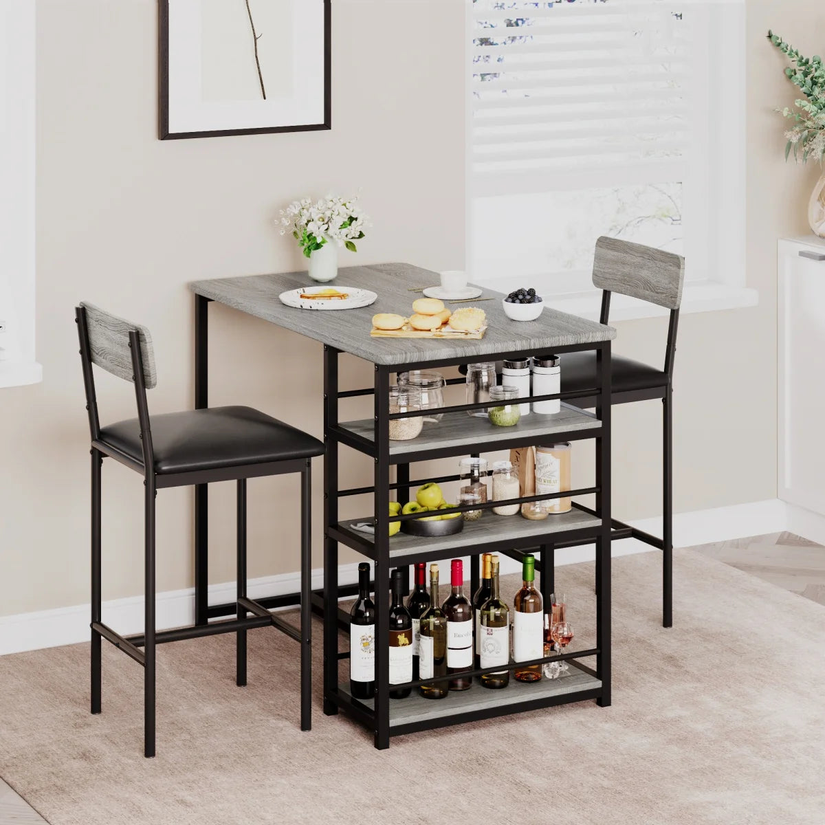 Dining Table Set Bar Table with 2 Upholstered Chairs &3 Storage Shelves Small Space Kitchen Table Pub Table Set - QUORE