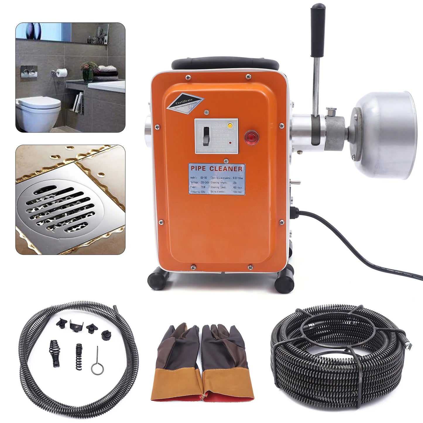Elektrische Afvoerreiniger – Rioolontstopper – Leidingschroever – Afvoerontstopper – 750W Motor – 20 Meter Spiralen