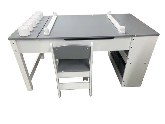 Multifunctioneel 2-in-1 - Kindertafel En Stoel Set – Kids Tafel – Knutseltafel – Schildersezel – Activiteitentafel – Hout Met Opbergruimte - Grijs & Wit - QUORE