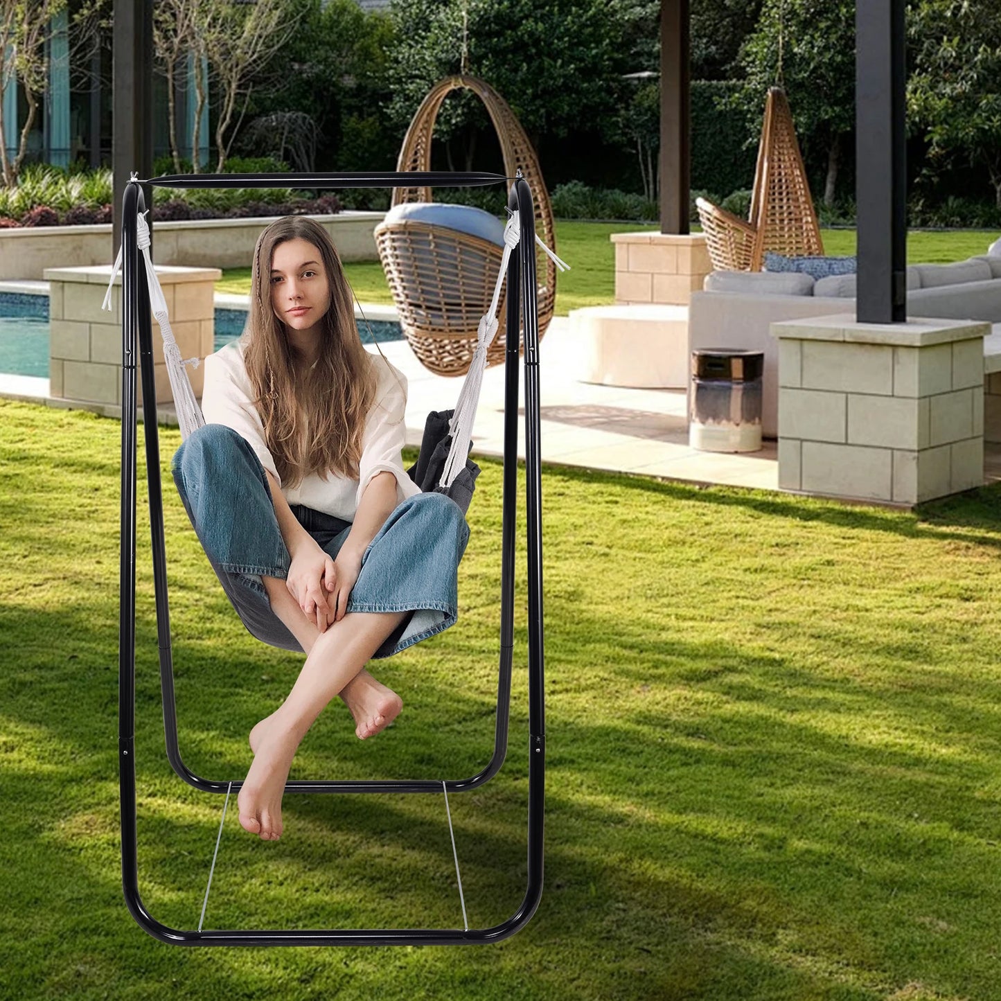 Hangstoel – Hangstoel Met Standaard – Schommelstoel – Relaxstoel – Binnen En Buiten – Poedergecoat Stalen Frame – Hoogteverstelbare Touwen