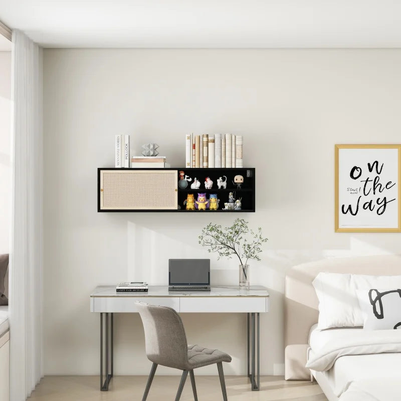 Kast – Boekenkast – Tv-Meubel – Woonkamerkast – Schuifdeuren – Geperst Rattan – Verstelbare Planken - 110 x 40 x 30.8 cm - Zwart