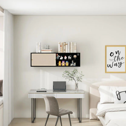 Kast – Boekenkast – Tv-Meubel – Woonkamerkast – Schuifdeuren – Geperst Rattan – Verstelbare Planken - 110 x 40 x 30.8 cm - Zwart