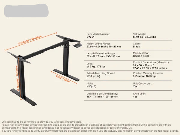 Bureauframe - Koudgewalst Koolstofstaal -  Elektrisch Bureauframe - Compatibel Desktopformaat 100-180 cm - Verstelbaar 70-117 cm Hoogte en 95-158 cm - Zwart A