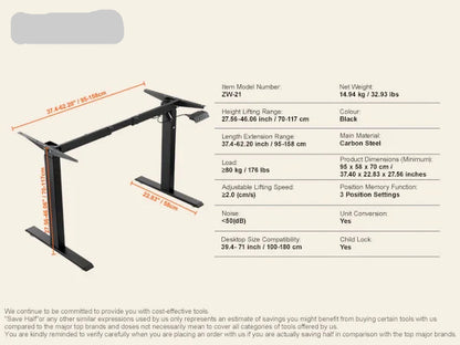 Bureauframe - Koudgewalst Koolstofstaal -  Elektrisch Bureauframe - Compatibel Desktopformaat 100-180 cm - Verstelbaar 70-117 cm Hoogte en 95-158 cm - Zwart A