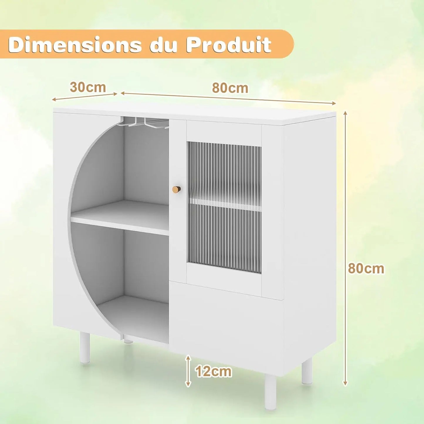 Houten Buffetkast met 3 Deuren, Open Rek & Wijnglashouder voor 6–8 Glazen – Dressoir met Metalen Poten voor Eetkamer, Keuken of Woonkamer – 80 x 30 x 80 cm