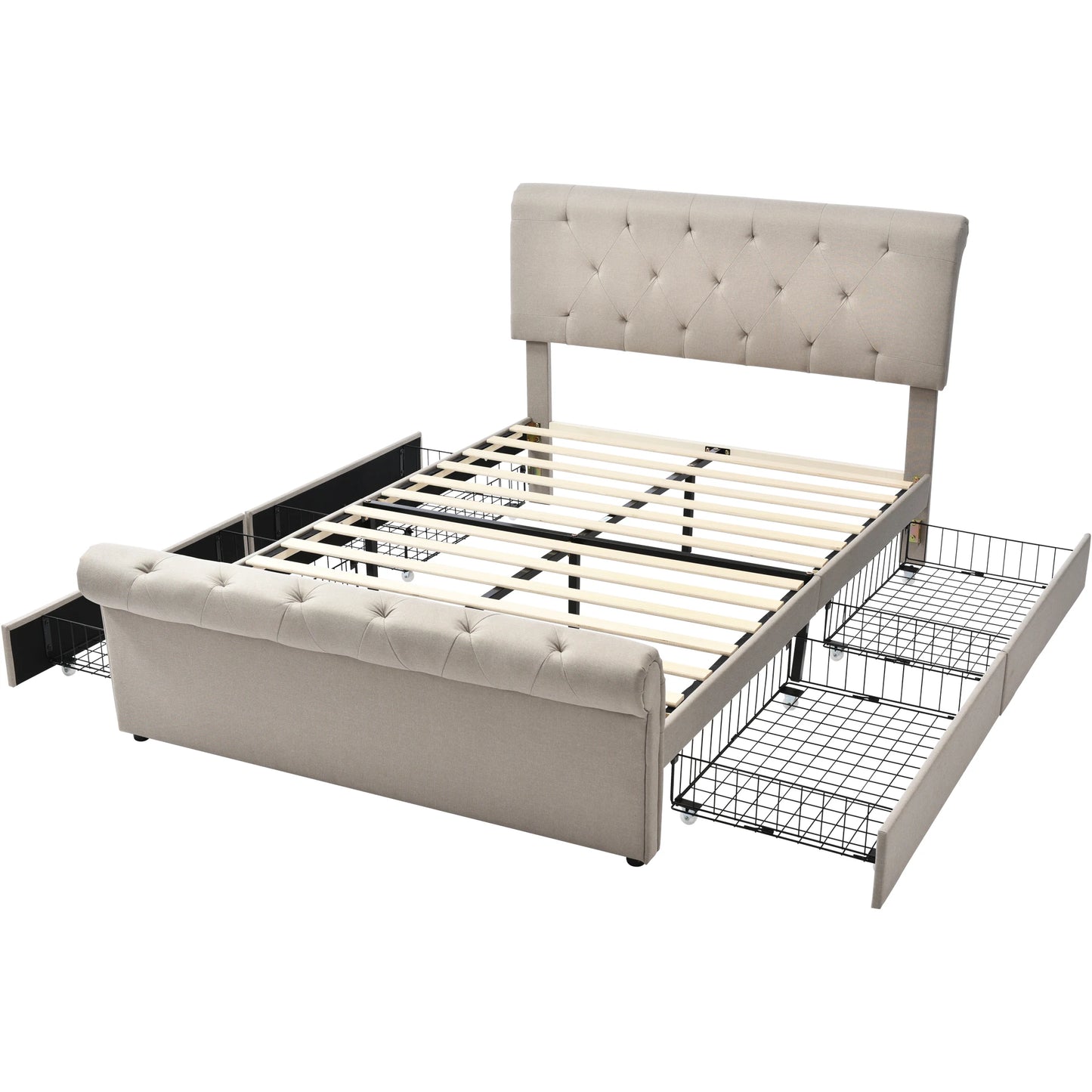 Polsterbed – Tweepersoonsbed – Bed Met Opbergladen – Bed 140x200 Cm – Verstelbaar Hoofdeinde – Huidvriendelijke Linnenstof - QUORE