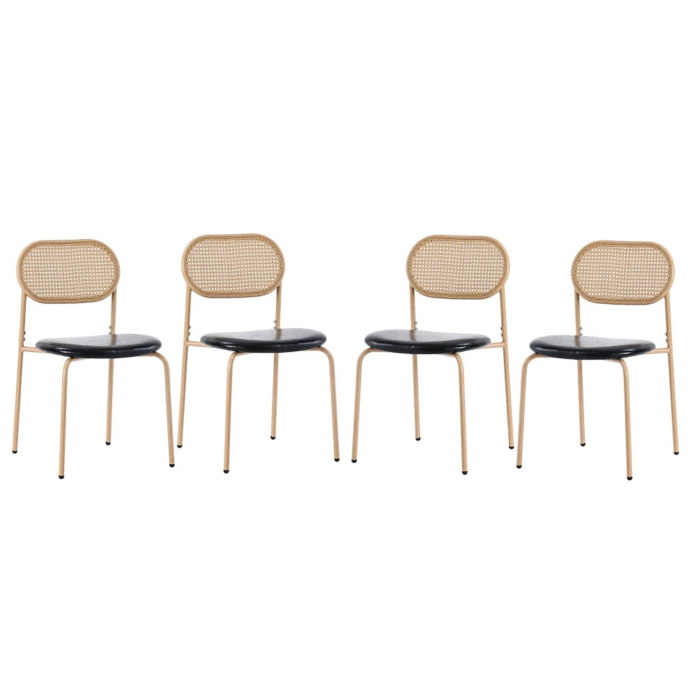 Eetkamerstoelen – Stoelen – Rattan Stoelen – Metalen Poten – Set Van 4 – Ergonomisch Ontwerp – PU Zitting - Zwart