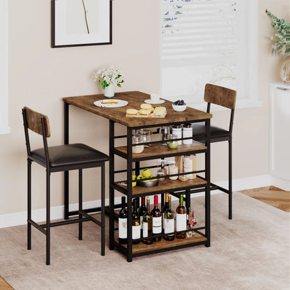 Dining Table Set Bar Table with 2 Upholstered Chairs &3 Storage Shelves Small Space Kitchen Table Pub Table Set