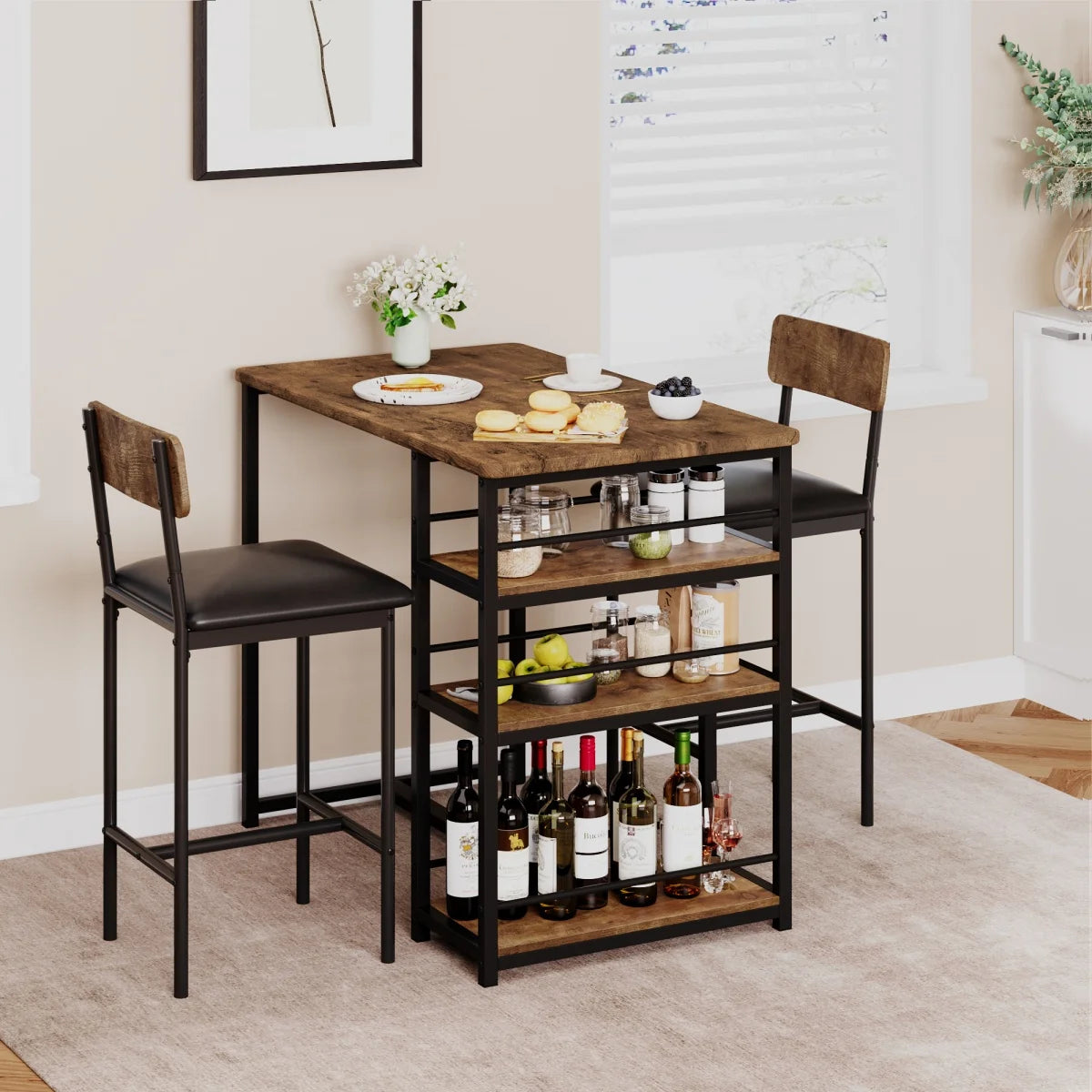 Dining Table Set Bar Table with 2 Upholstered Chairs &3 Storage Shelves Small Space Kitchen Table Pub Table Set - QUORE