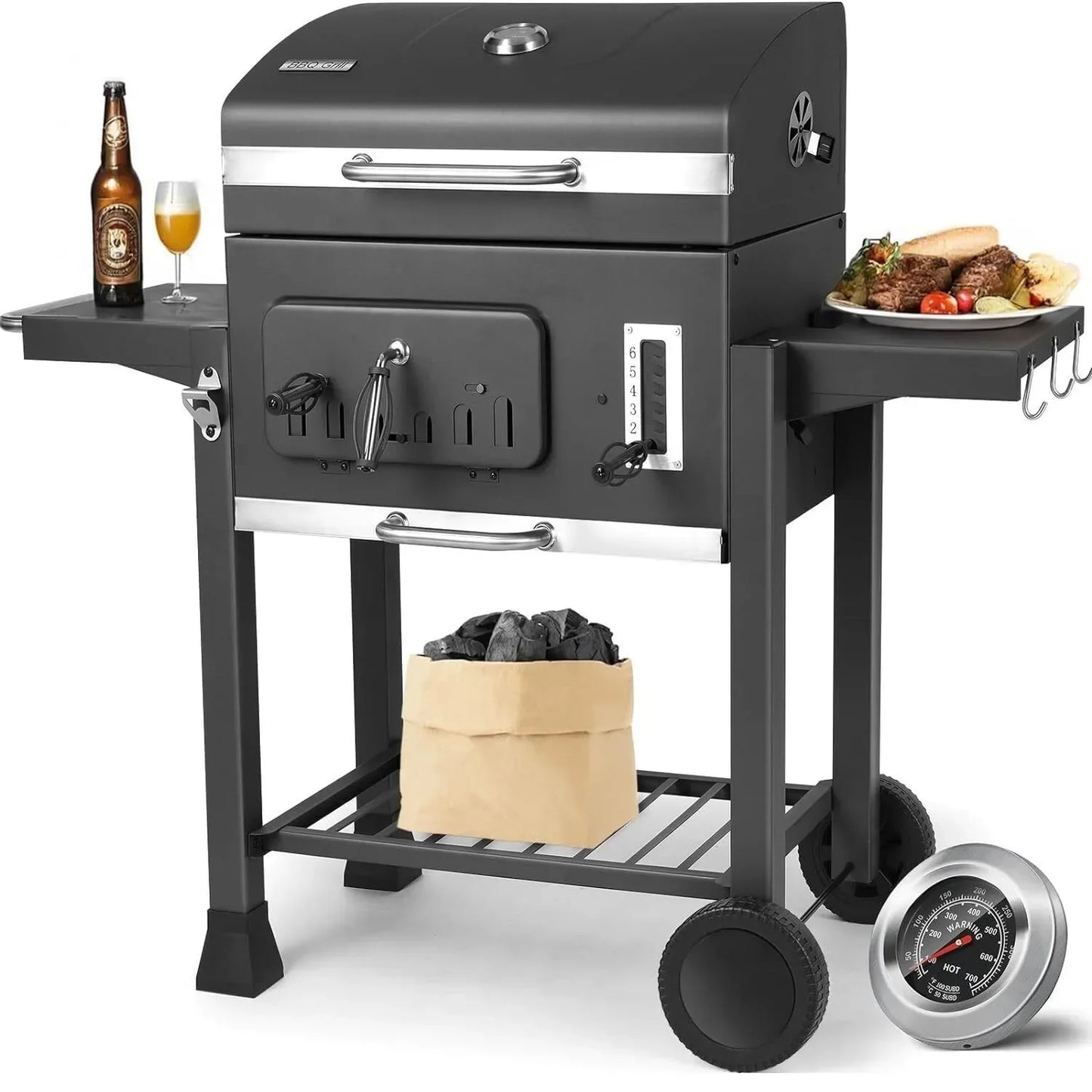 BBQ - BBQ Houtskool - Barbecue - Smoker - met Deksel, Verstelbaar Rooster en Geïntegreerde Thermometer – Draagbare Buitenbarbecue – Grote - Zwart