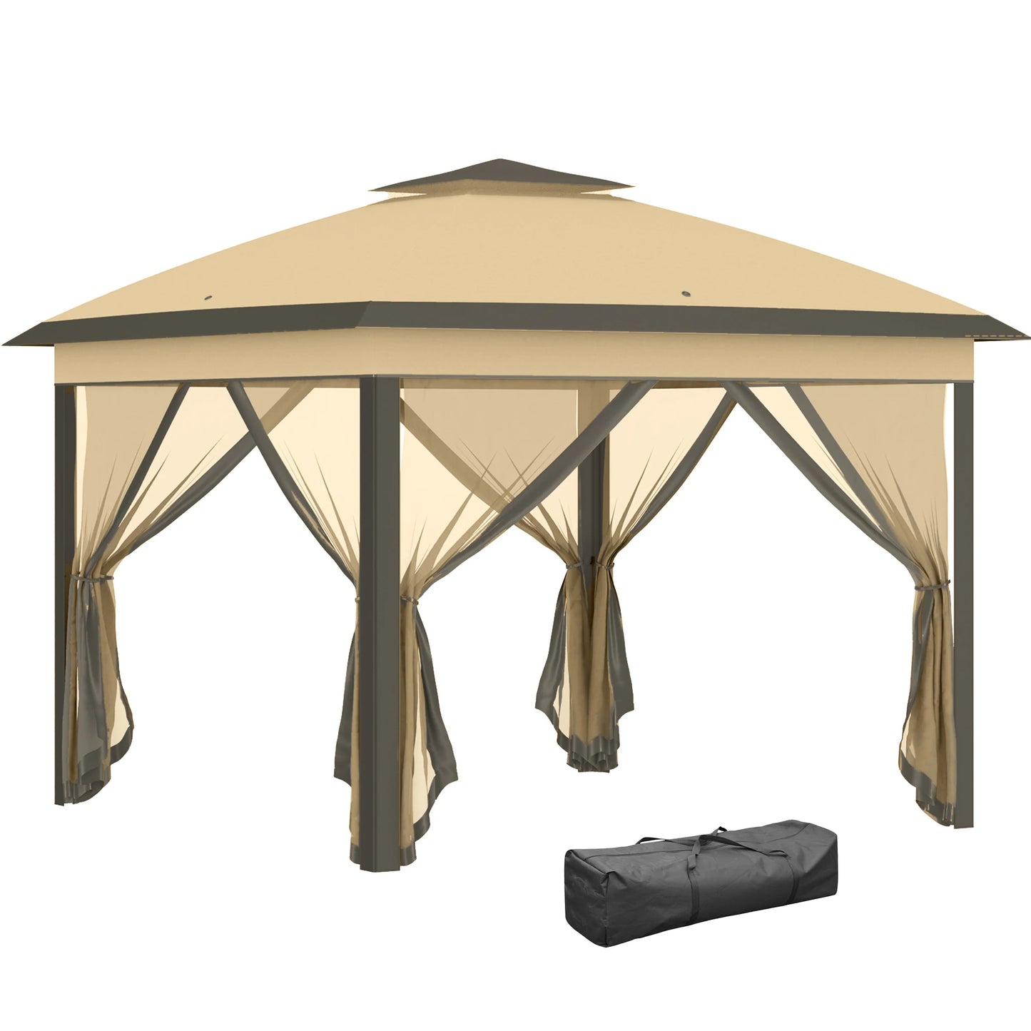 Paviljoen - Tuinpaviljoen - Partytent - Tuintent - Pop-up Kliksysteem - Stabiel - Vouwtent - met Mesh Cover - Draagtas - Opvouwbaar - Waterdicht - Winterbestendig - 50+UV-Bescherming - voor Tuin - Buiten - Achtertuin - 330 x 330 x 288 cm - Beige - QUORE
