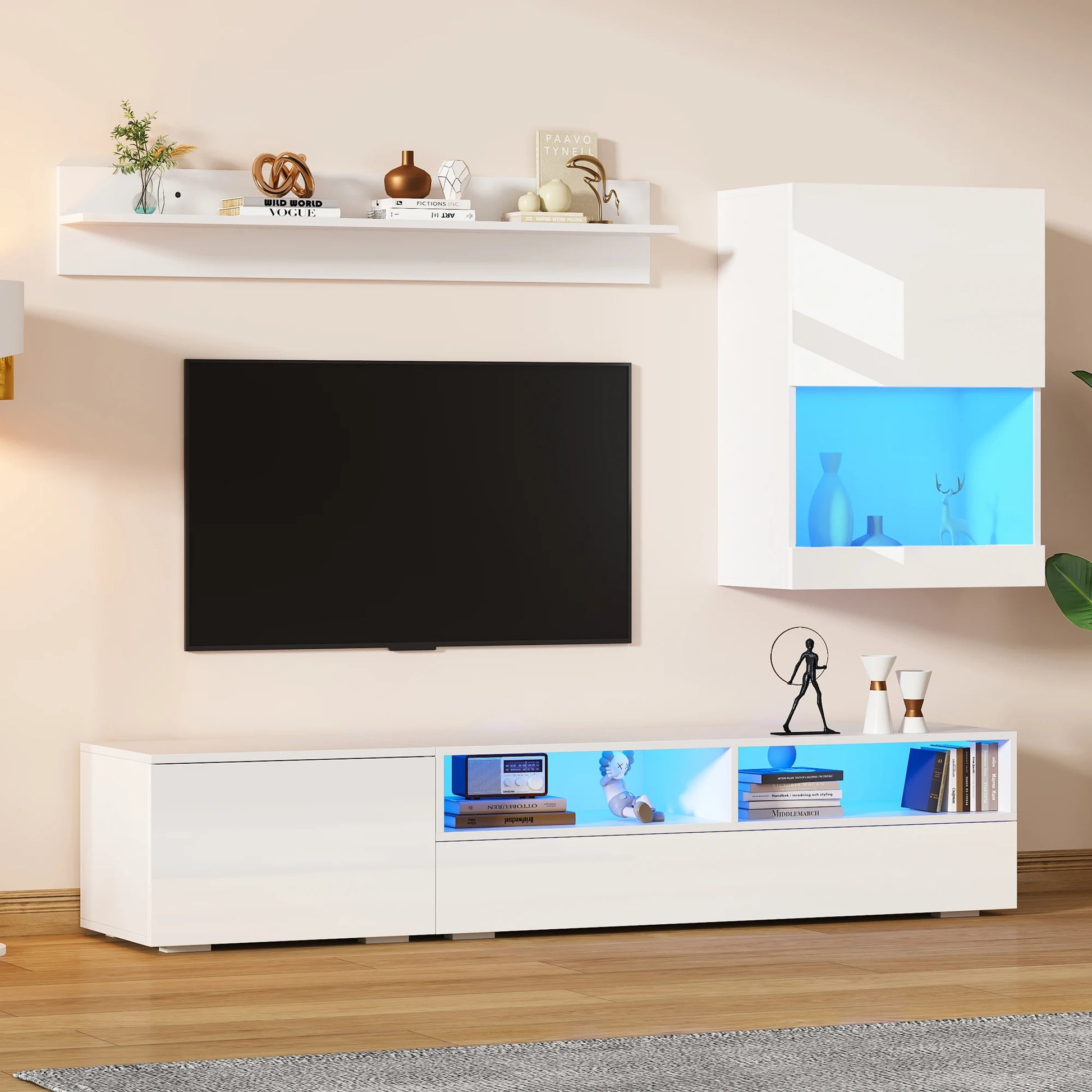 TV Meubel – TV Kast – TV Wandmeubel – TV Dressoir – TV Rek – Hoogglans Wit – LED Verlichting – Complete 3-Delige Set 175x39x34 cm - QUORE