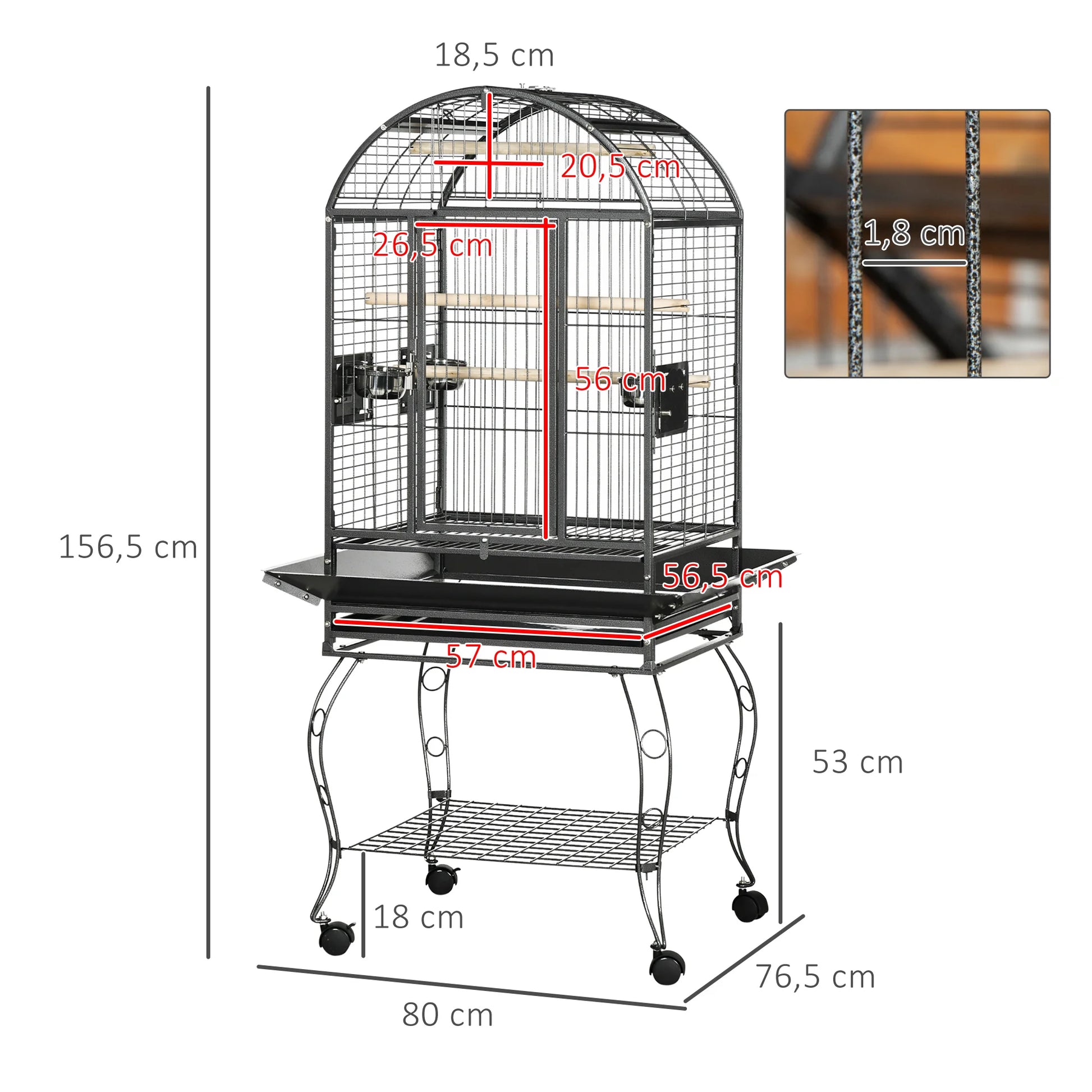 Vogelkooi – Papegaaienkooi – Parkietenkooi – Valkparkietenkooi – Kanariekooi – Ruime Afmetingen 156,5 cm Hoog – Gegalvaniseerd Staal Met Wieltjes - QUORE