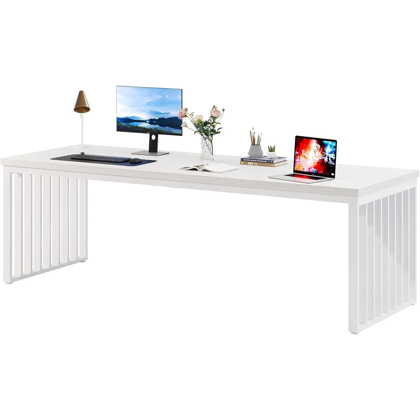 Bureau - Computerbureau - Kantoor Tafel - Werktafel - 180x60cm - Metaal Frame - Rechthoekig - voor Thuiswerkplek - Vergadertafel - Robuust - Wit - QUORE