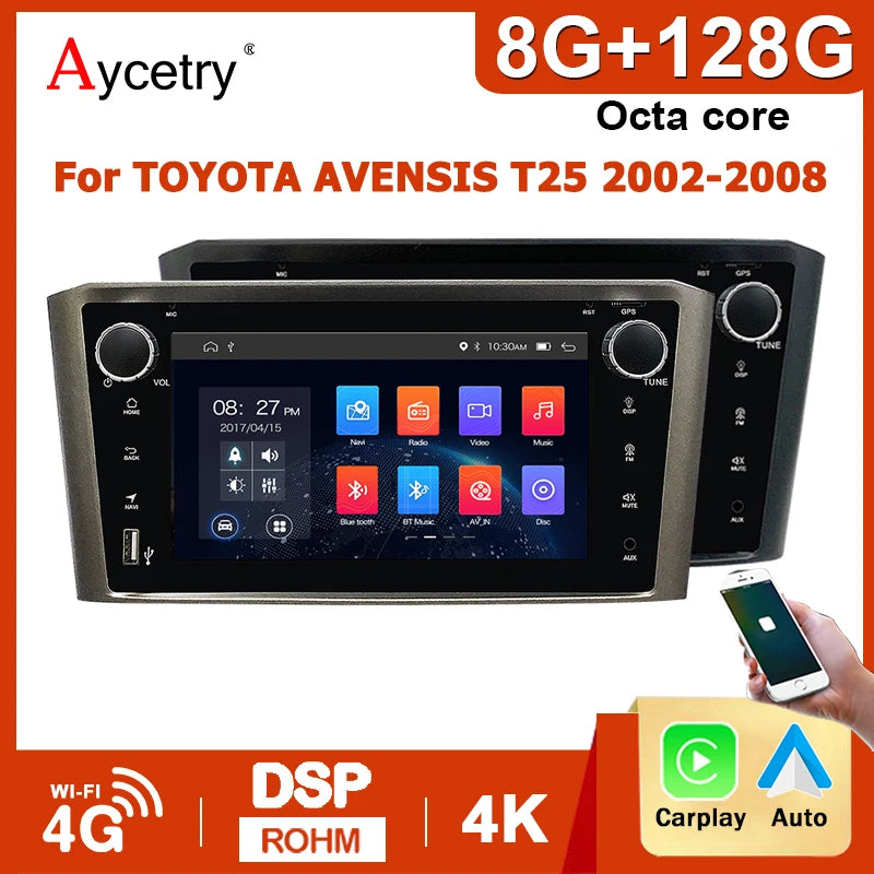 Autoradio Toyota Avensis – Multimedia Speler – 2-DIN Radio – CarPlay Android Auto – GPS Navigatie – Android 14 OS – 7 Inch Touchscreen – 4G LTE Connectivity