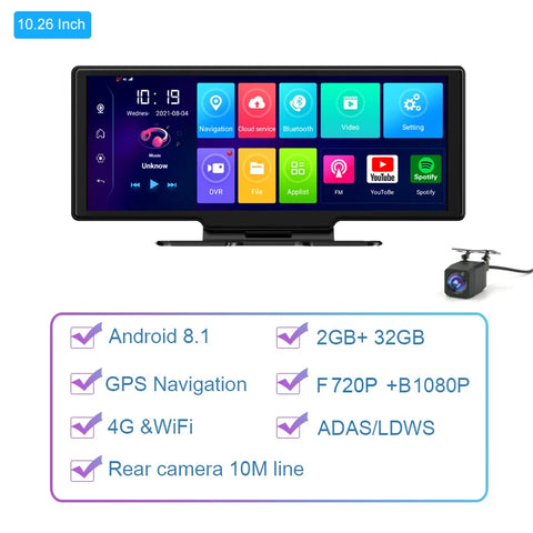 Dashcam voor Auto - 10.26” Dashcam ADAS GPS Navigatie - Android 8.1 - Remote Monitor & Rijassistentie - 2G With 10m RCC - Zwart