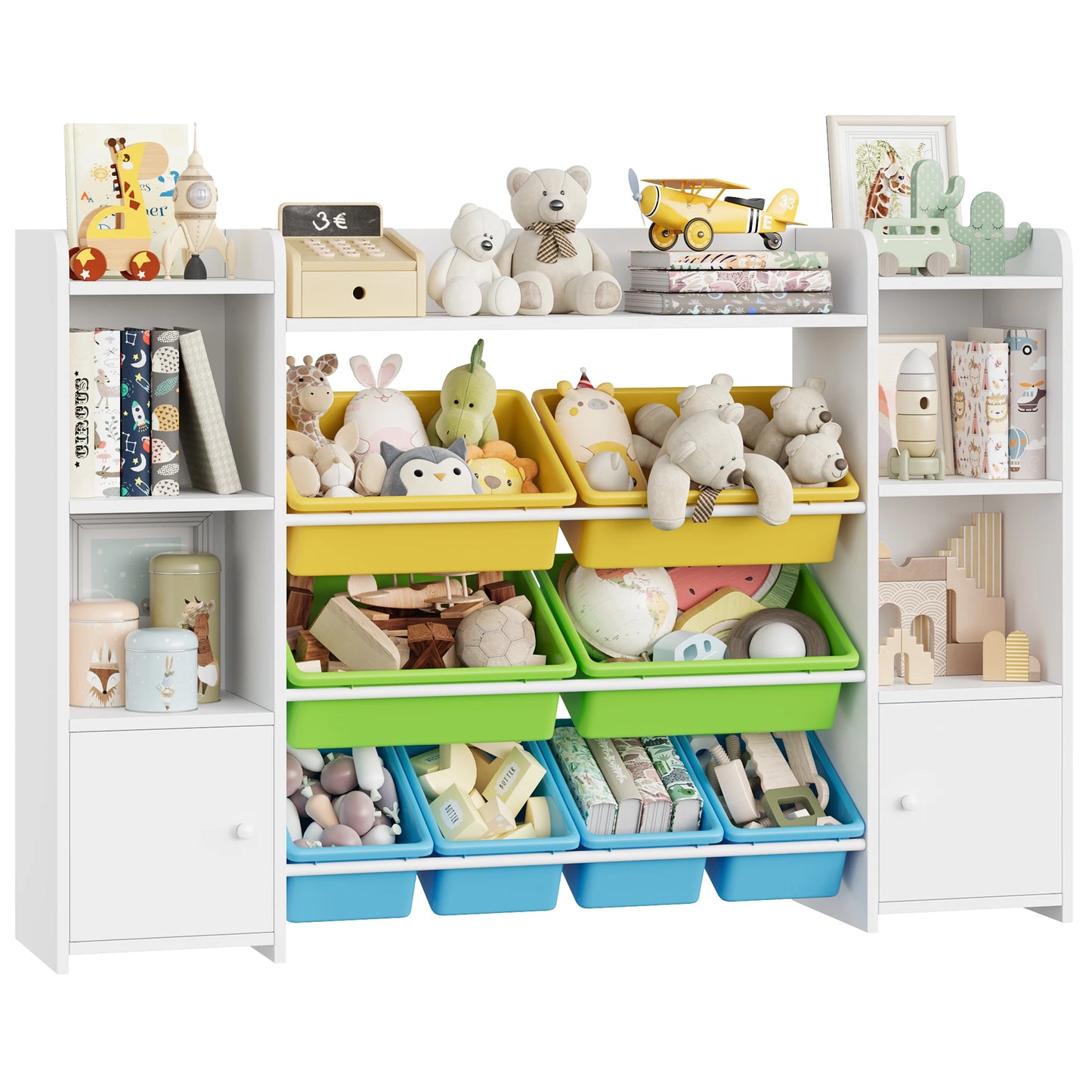 Speelgoedopberger – Speelgoedkast – Kinderkast – Opbergmeubel – Kinderopberger – Groen – 8 Uitneembare Boxen – 138,8 x 29,6 x 94,3 cm – Duurzaam Hout - QUORE