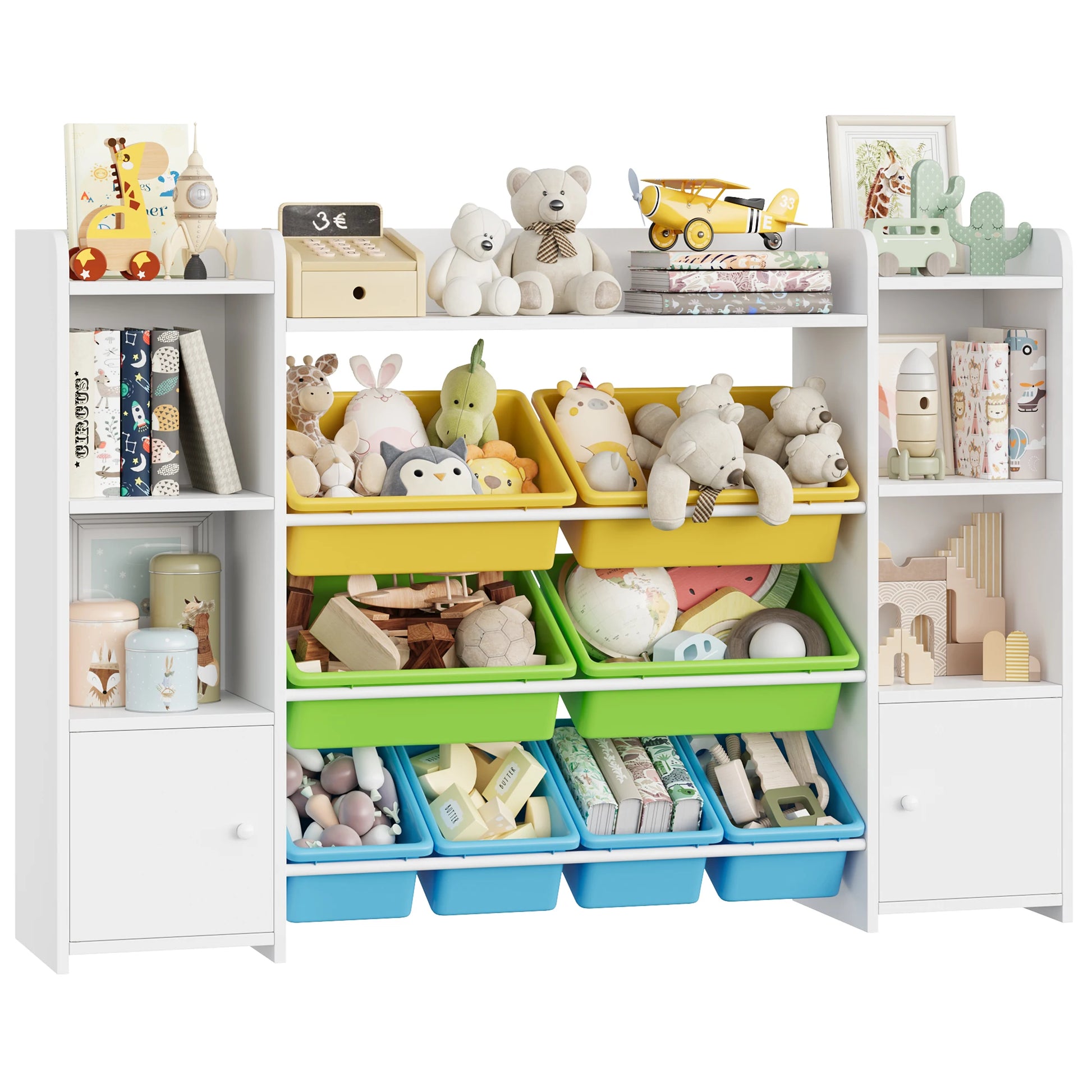 Speelgoedopberger – Speelgoedkast – Kinderkast – Opbergmeubel – Kinderopberger – Groen – 8 Uitneembare Boxen – 138,8 x 29,6 x 94,3 cm – Duurzaam Hout - QUORE