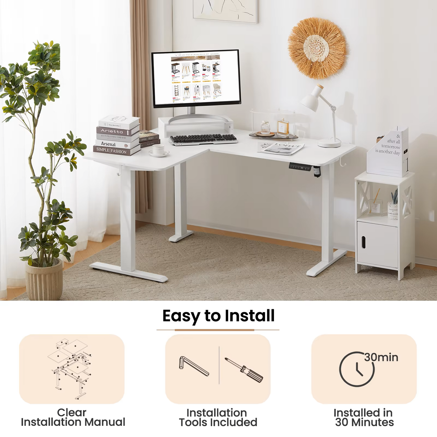 Elektrisch Sta-bureau - Hefbureau - Hoektafel - Monitorstandaard - L-vormig - Verstelbaar - met USB-oplaadpoort - 4 Geheugenregelaars - voor Thuiskantoor -  25 mm/s - 50dB - Wit