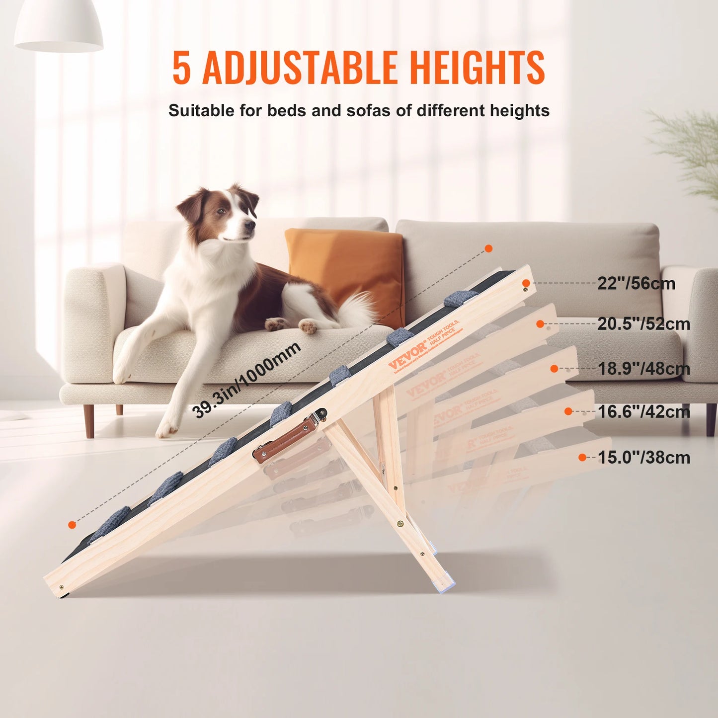 Ladder - Dog Stairs - Dog Ladder - Non-Slip - Ramp - Dog Ladder - Dog Stairs - 41inch - High Adjustable Wooden Ramp Removable - for Small Old Dog