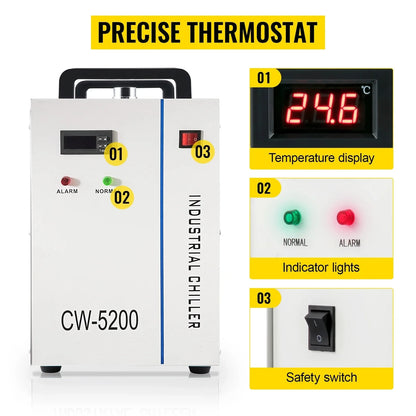 Industriële Waterkoeler - Chiller Industriële - 220V - Luchtgekoeld - 6L Capaciteit – 10L/min – Voor CO₂ Laserbuizen tot 130W - 580×290×470mm - voor Lasergraveermachine Koeling - Waterchiller met Alarmfunctie - Wit - QUORE