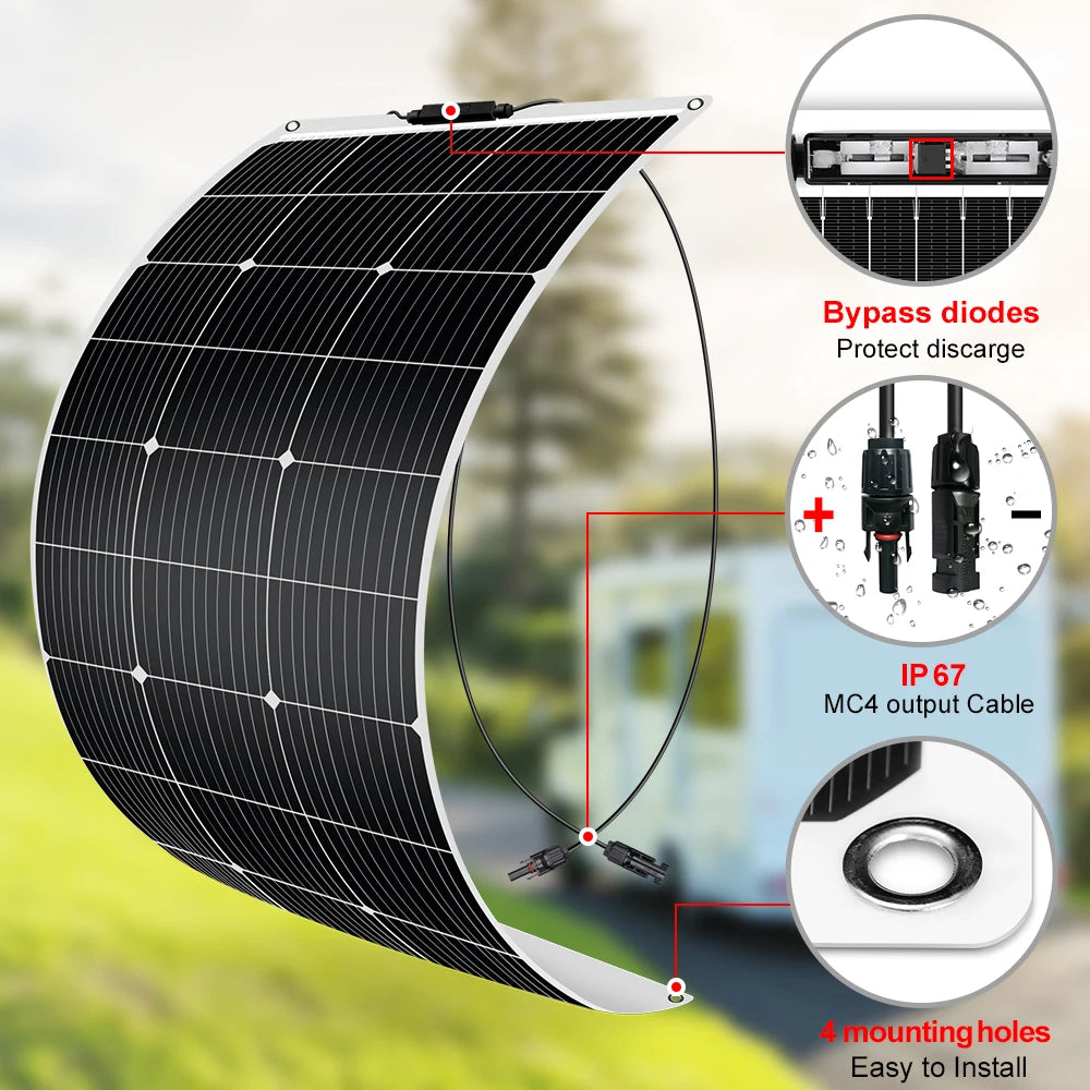 DOKIO 200W (two 100W) 18V flexible solar panel waterproof monocrystalline solar panel camping RV home 12V battery charging