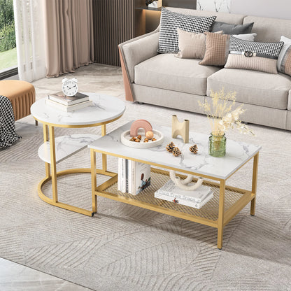Salontafel - Kleine Tafel - Eindtafels - Woonkamer - Moderne Nest Salontafel - Marmeren Fineer - Gouden Frame