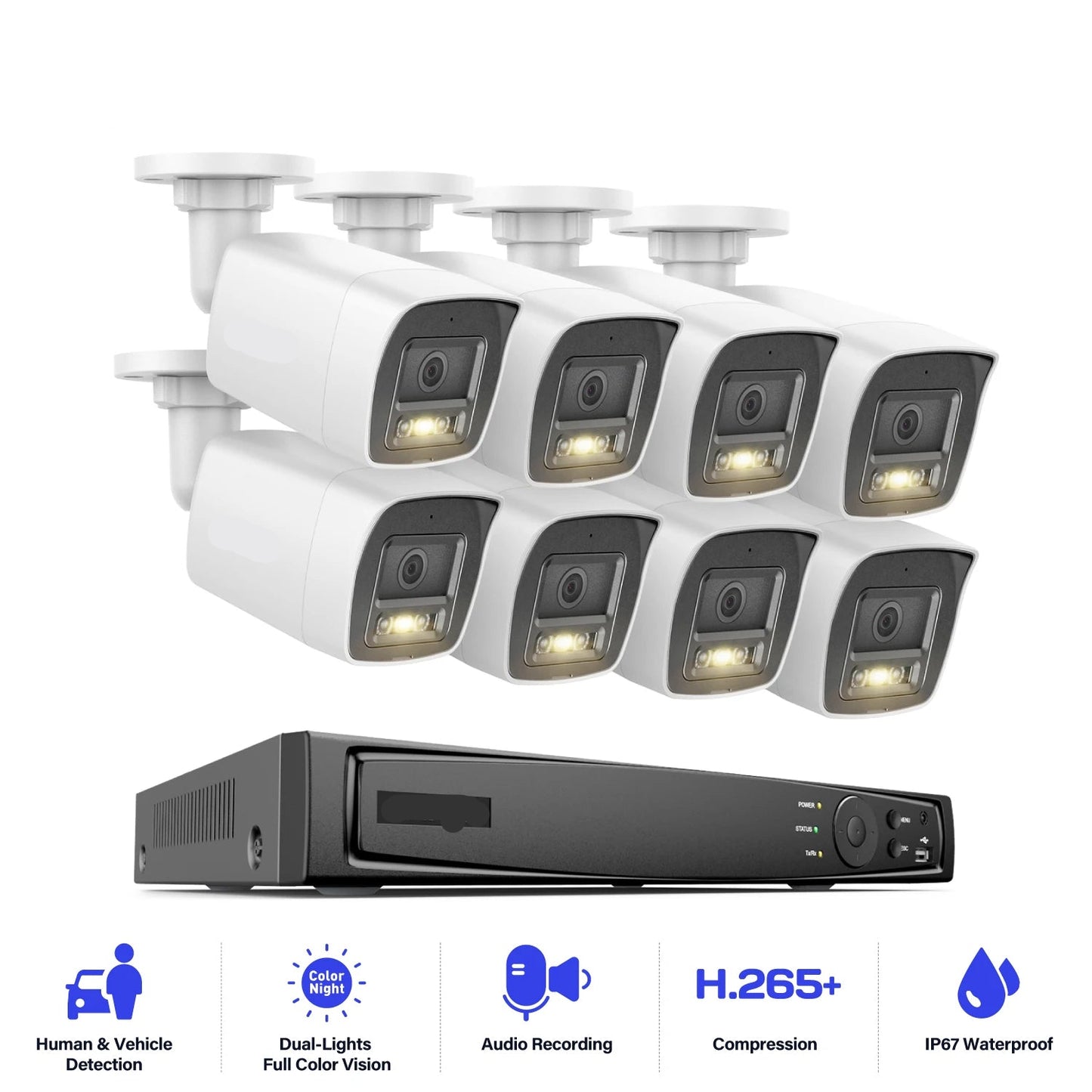 Beveiligingscamera Set – CCTV Beveiligingssysteem – IP Camera Kit – PoE Camera’s – Buiten Camera’s – 12MP Resolutie – Dual Light Nachtzicht - QUORE
